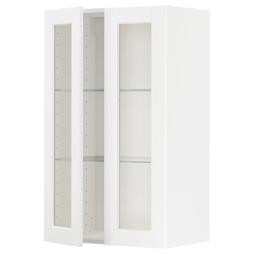 METOD Élément mural+tablettes/2ptes vitr, blanc Enköping/blanc effet bois, 60x100 cm