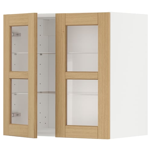 METOD Élément mural+tablettes/2ptes vitr, blanc/Forsbacka chêne, 60x60 cm