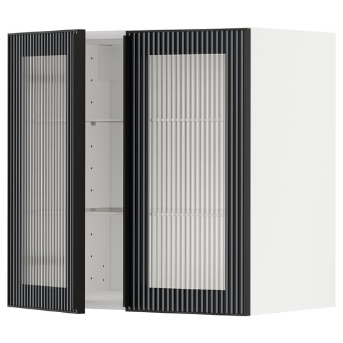 METOD Élément mural+tablettes/2ptes vitr, blanc/Hejsta verre cannelé anthracite, 60x60 cm
