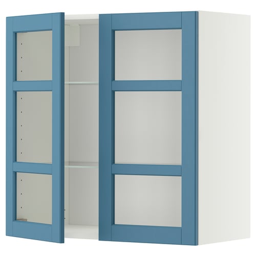 METOD Élément mural+tablettes/2ptes vitr, blanc/Lerhyttan bleu, 80x80 cm