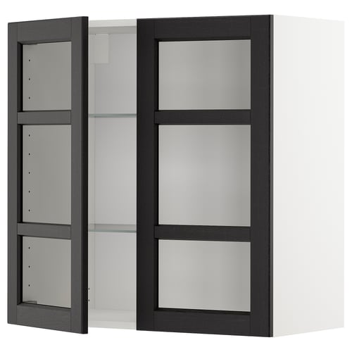 METOD Élément mural+tablettes/2ptes vitr, blanc/Lerhyttan teinté noir, 80x80 cm