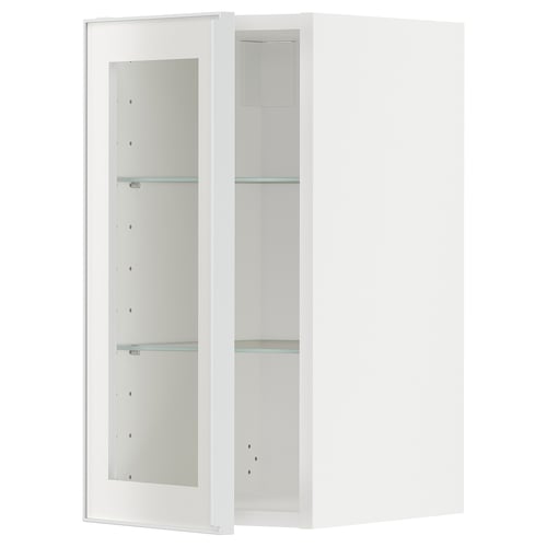 METOD Élément mural+tablettes/pte vitrée, blanc/Hejsta verre transparent blanc, 30x60 cm
