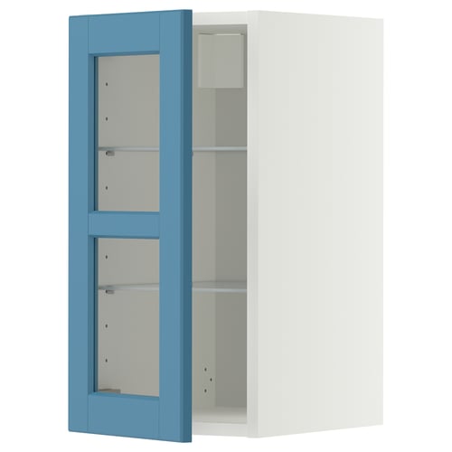 METOD Élément mural+tablettes/pte vitrée, blanc/Lerhyttan bleu, 30x60 cm