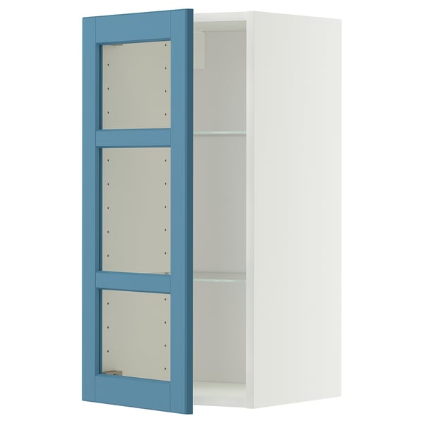 METOD Élément mural+tablettes/pte vitrée, blanc/Lerhyttan bleu, 40x80 cm