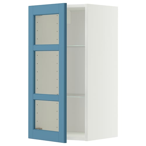 METOD Élément mural+tablettes/pte vitrée, blanc/Lerhyttan bleu, 40x80 cm