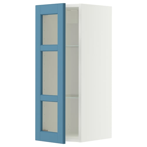 METOD Élément mural+tablettes/pte vitrée, blanc/Lerhyttan bleu, 30x80 cm
