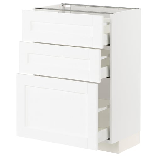 METOD / MAXIMERA Élément bas 3 tiroirs, blanc Enköping/blanc effet bois, 60x37 cm
