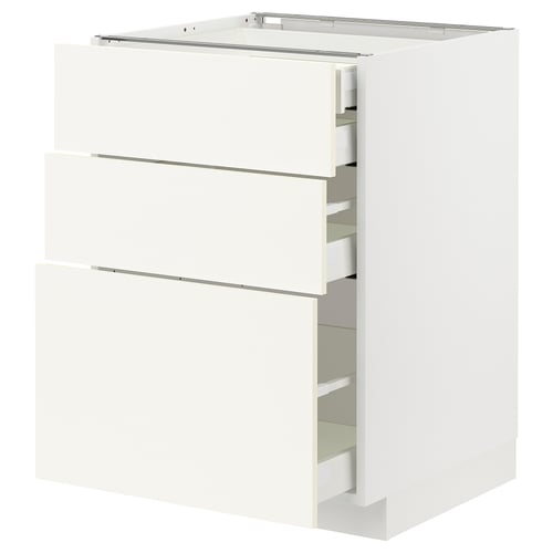 METOD / MAXIMERA Élément bas 3faces/2tir bs+1moy+1ht, blanc/Vallstena blanc, 60x60 cm
