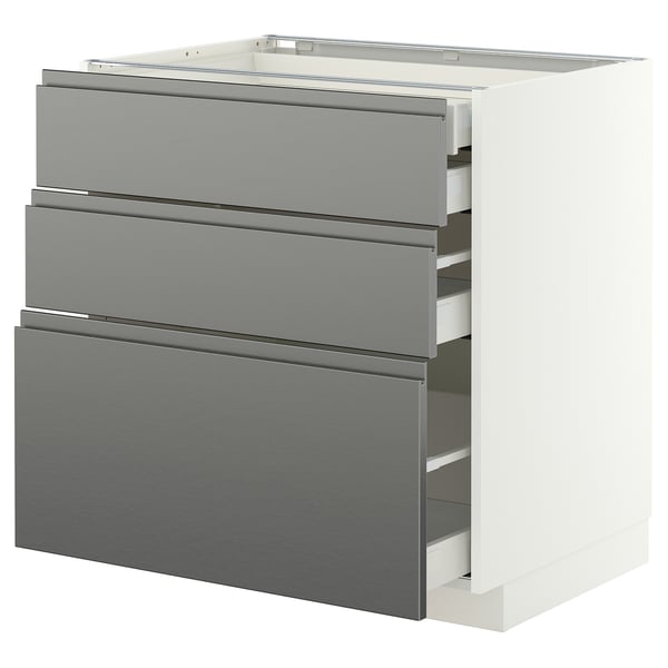 METOD / MAXIMERA Élément bas 3faces/2tir bs+1moy+1ht, blanc/Voxtorp effet acier inoxydable, 80x60 cm