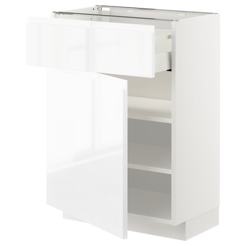 METOD / MAXIMERA Élément bas avec tiroir/porte, blanc/Voxtorp brillant/blanc, 60x37 cm