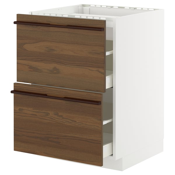 METOD / MAXIMERA Élément bas table cuisson/2fcs/2tir, blanc/Stensta placage frêne brun foncé, 60x60 cm
