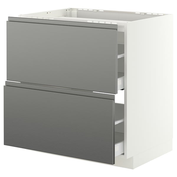 METOD / MAXIMERA Élément bas table cuisson/2fcs/2tir, blanc/Voxtorp effet acier inoxydable, 80x60 cm
