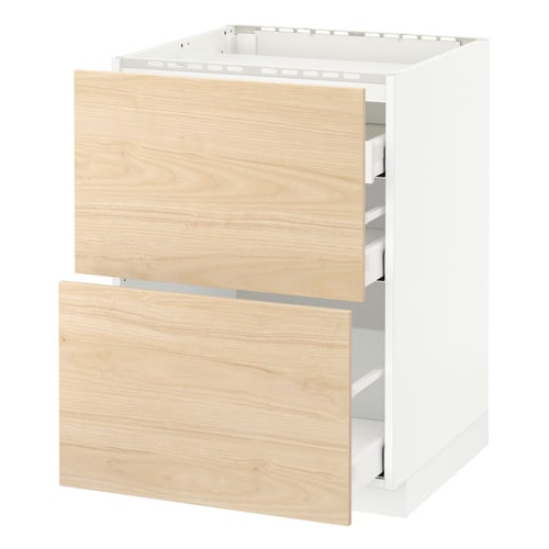 METOD / MAXIMERA Élément bas table cuisson/2fcs/3tir, blanc/Askersund effet frêne clair, 60x60 cm