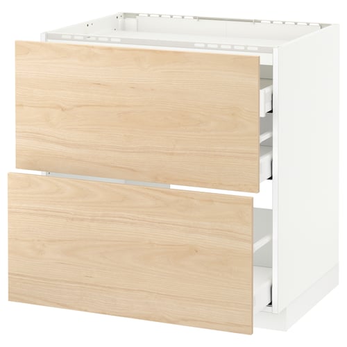 METOD / MAXIMERA Élément bas table cuisson/2fcs/3tir, blanc/Askersund effet frêne clair, 80x60 cm