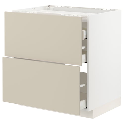 METOD / MAXIMERA Élément bas table cuisson/2fcs/3tir, blanc/Havstorp beige, 80x60 cm