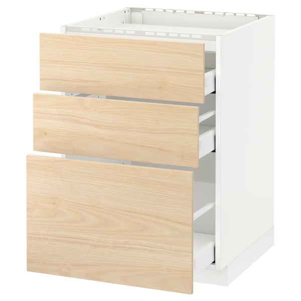 METOD / MAXIMERA Élément bas table cuisson/3fcs/3tir, blanc/Askersund effet frêne clair, 60x60 cm