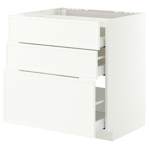 METOD / MAXIMERA Élément bas table cuisson/3fcs/3tir, blanc/Aspudden blanc mat, 80x60 cm