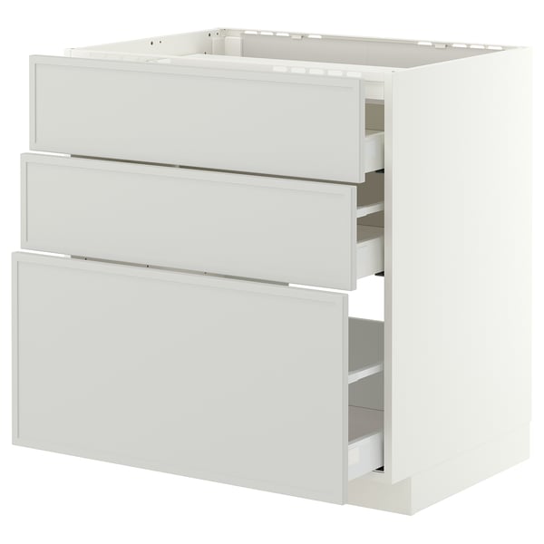 METOD / MAXIMERA Élément bas table cuisson/3fcs/3tir, blanc/Aspudden gris clair, 80x60 cm