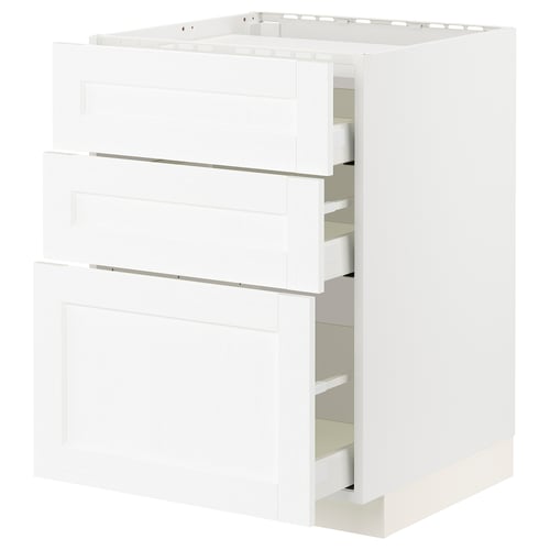 METOD / MAXIMERA Élément bas table cuisson/3fcs/3tir, blanc Enköping/blanc effet bois, 60x60 cm