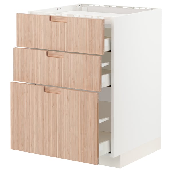 METOD / MAXIMERA Élément bas table cuisson/3fcs/3tir, blanc/Fröjered bambou clair, 60x60 cm
