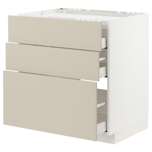 METOD / MAXIMERA Élément bas table cuisson/3fcs/3tir, blanc/Havstorp beige, 80x60 cm