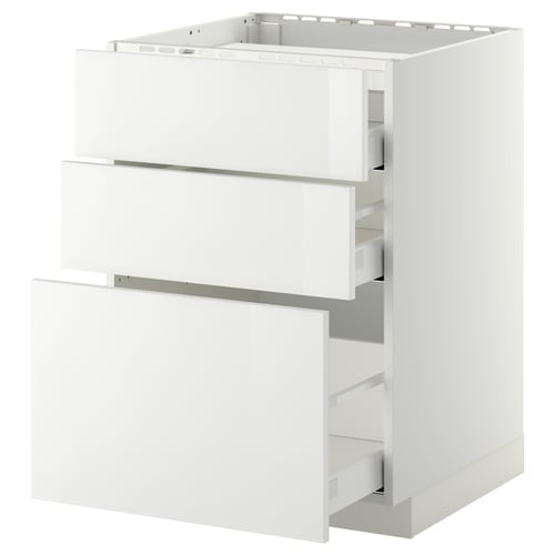 METOD / MAXIMERA Élément bas table cuisson/3fcs/3tir, blanc/Ringhult blanc, 60x60 cm