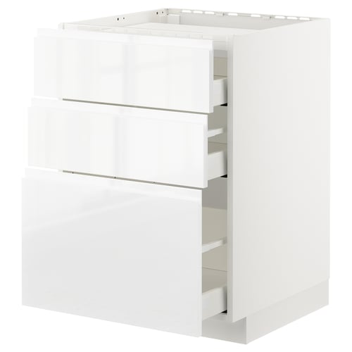 METOD / MAXIMERA Élément bas table cuisson/3fcs/3tir, blanc/Voxtorp brillant/blanc, 60x60 cm