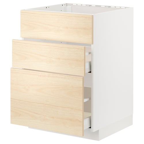 METOD / MAXIMERA Élément bas table cuisson/hotte tir, blanc/Askersund effet frêne clair, 60x60 cm