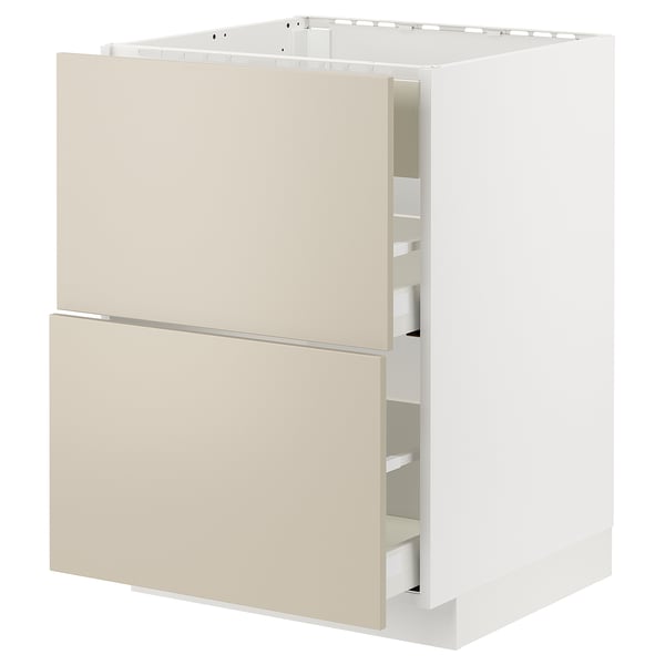 METOD / MAXIMERA Élément bas table cuisson/hotte tir, blanc/Havstorp beige, 60x60 cm