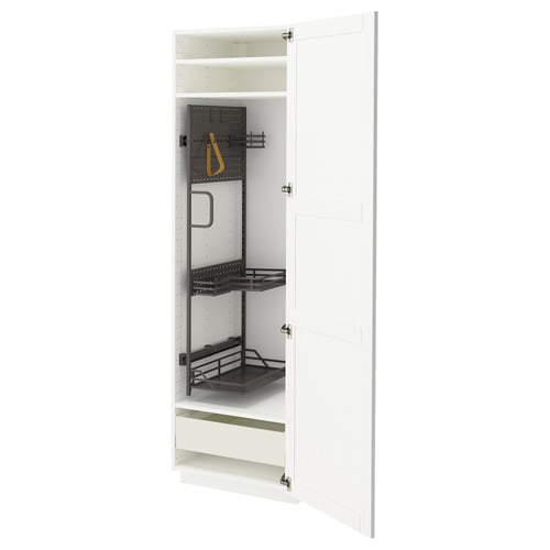 METOD / MAXIMERA Élément haut + rangements prod entr, blanc Enköping/blanc effet bois, 60x60x200 cm