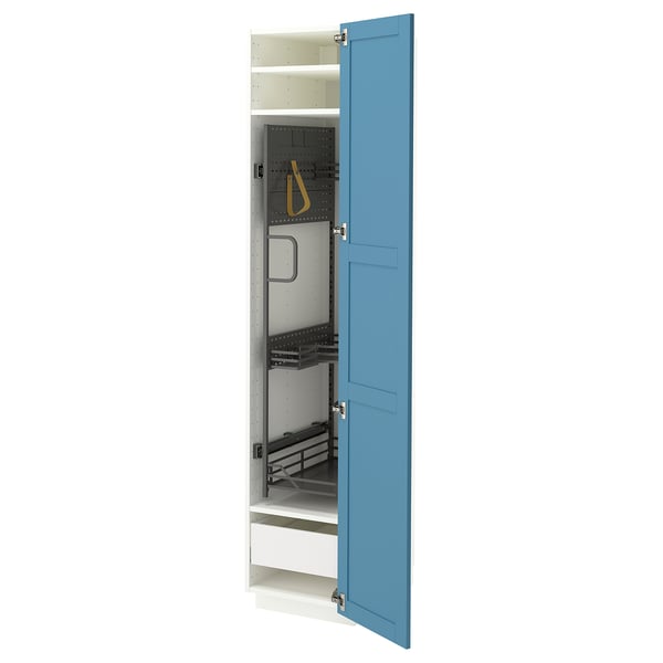 METOD / MAXIMERA Élément haut + rangements prod entr, blanc/Lerhyttan bleu, 40x60x200 cm
