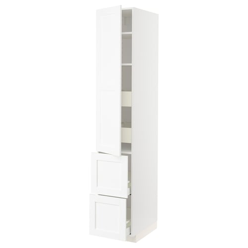 METOD / MAXIMERA Élément haut+tablettes/4tir/pte/2fc, blanc Enköping/blanc effet bois, 40x60x220 cm