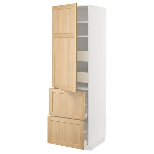 METOD / MAXIMERA Élément haut+tablettes/4tir/pte/2fc, blanc/Forsbacka chêne, 60x60x200 cm