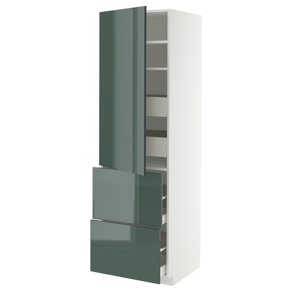 METOD / MAXIMERA Élément haut+tablettes/4tir/pte/2fc, blanc/Kallarp gris-vert foncé brillant, 60x60x200 cm