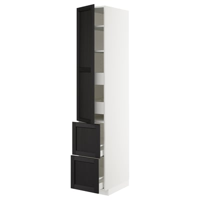 METOD / MAXIMERA Élément haut+tablettes/4tir/pte/2fc, blanc/Lerhyttan teinté noir, 40x60x220 cm