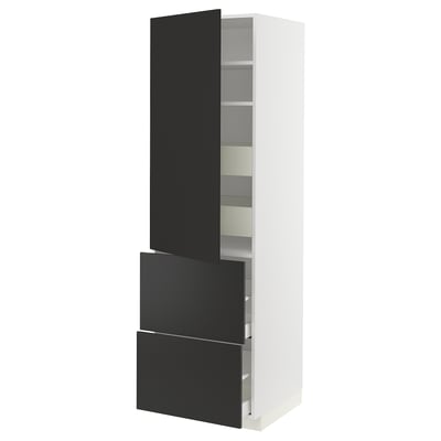 METOD / MAXIMERA Élément haut+tablettes/4tir/pte/2fc, blanc/Nickebo anthracite mat, 60x60x200 cm