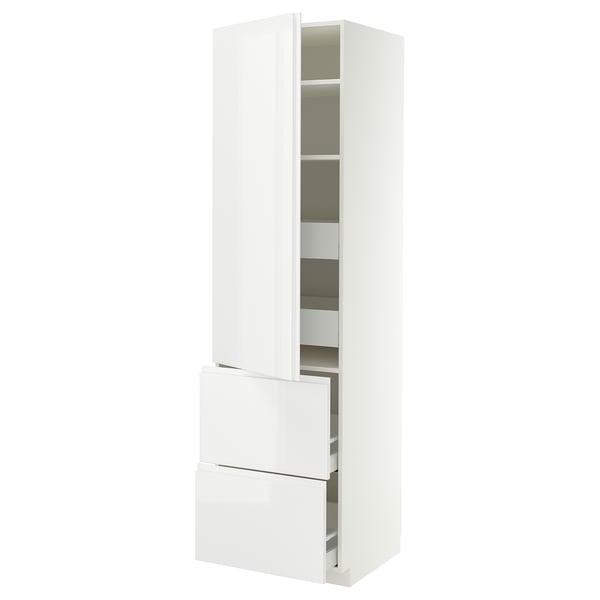 METOD / MAXIMERA Élément haut+tablettes/4tir/pte/2fc, blanc/VOXTORP blanc brillant poignée verticale, 60x60x220 cm