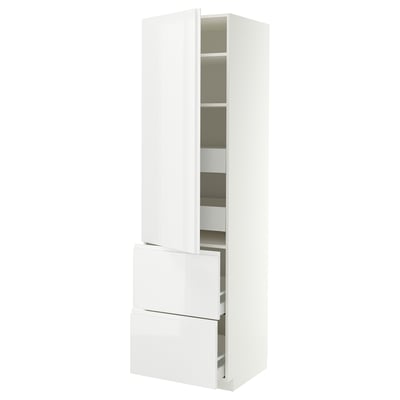 METOD / MAXIMERA Élément haut+tablettes/4tir/pte/2fc, blanc/VOXTORP blanc brillant poignée verticale, 60x60x220 cm