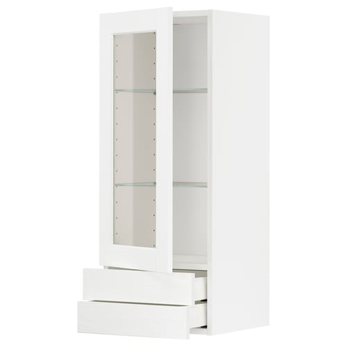 METOD / MAXIMERA Élément mural pte vitrée/2 tiroirs, blanc Enköping/blanc effet bois, 40x100 cm