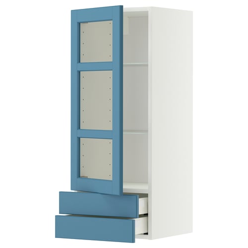 METOD / MAXIMERA Élément mural pte vitrée/2 tiroirs, blanc/Lerhyttan bleu, 40x100 cm