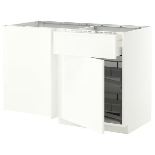 METOD / MAXIMERA Élt bas angle+tiroir et amén coul, blanc/Aspudden blanc mat, 128x68 cm
