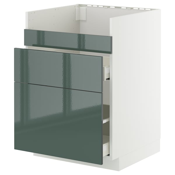 METOD / MAXIMERA Rangement bas évier HAVSEN/3fa/2tir, blanc/Kallarp gris-vert foncé brillant, 60x60 cm