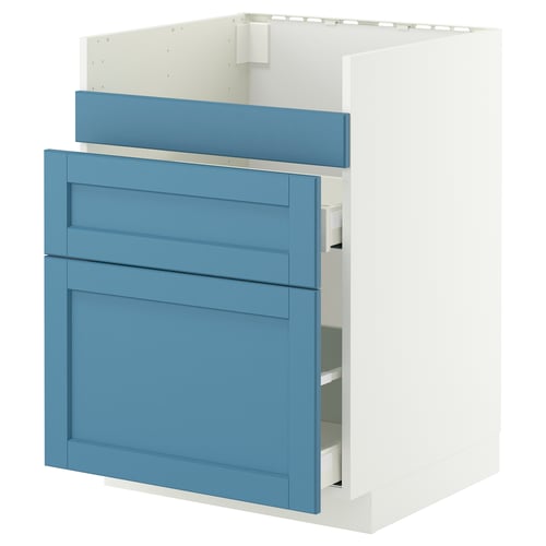 METOD / MAXIMERA Rangement bas évier HAVSEN/3fa/2tir, blanc/Lerhyttan bleu, 60x60 cm