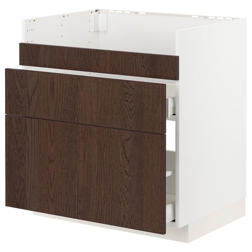 METOD / MAXIMERA Rangement bas évier HAVSEN/3fa/2tir, blanc/Sinarp brun, 80x60 cm