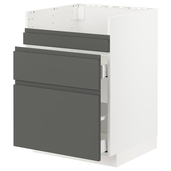 METOD / MAXIMERA Rangement bas évier HAVSEN/3fa/2tir, blanc/Voxtorp gris foncé, 60x60 cm