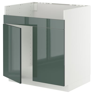 METOD Rangemt bas pr évier 2 bacs HAVSEN, blanc/Kallarp gris-vert foncé brillant, 80x60 cm