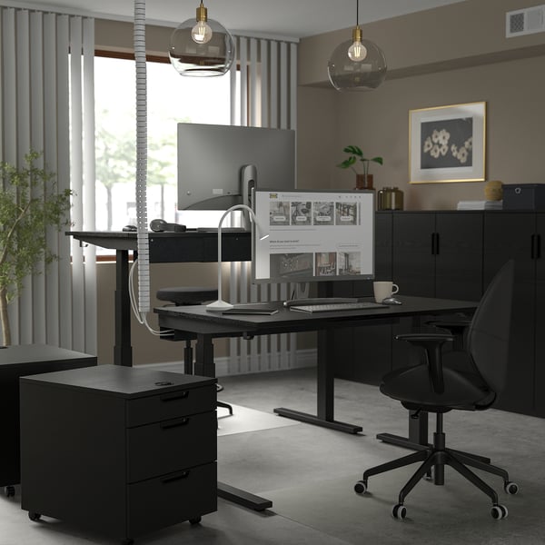 MITTZON Bureau assis/debout, électrique plaqué frêne teinté noir/noir, 140x60 cm