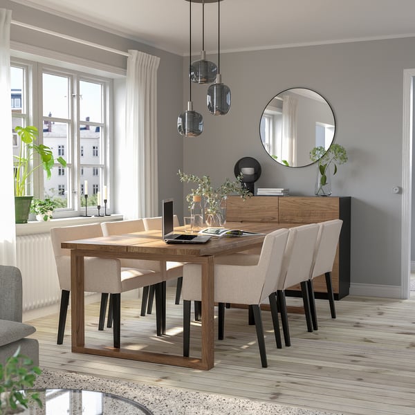 MÖRBYLÅNGA / MÅRENÄS Table+6 fauteuils, plaqué chêne teinté brun/noir Gunnared beige, 220 cm
