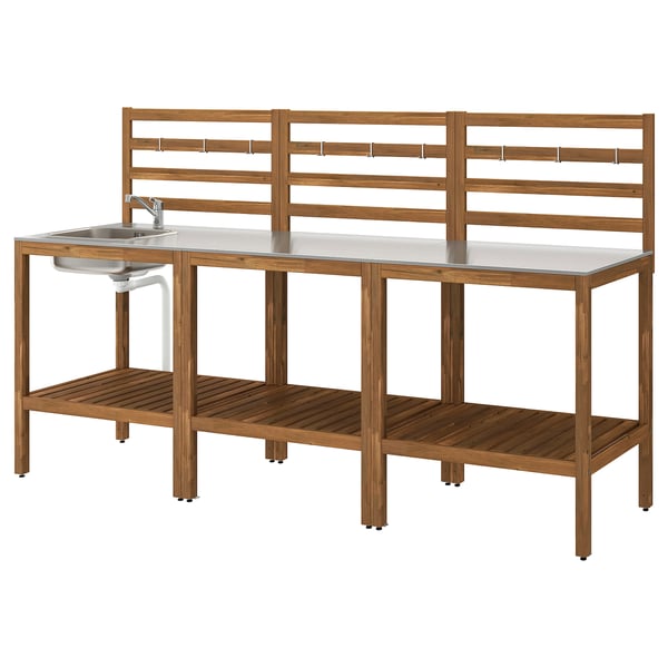 NÄMMARÖ Meuble évier, extérieur, teinté brun clair/acier inoxydable, 240x62 cm