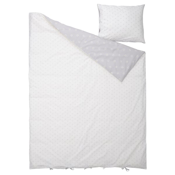 NATTSLÄNDA Housse de couette et 1 taie, motif floral gris/blanc, 150x200/50x60 cm
